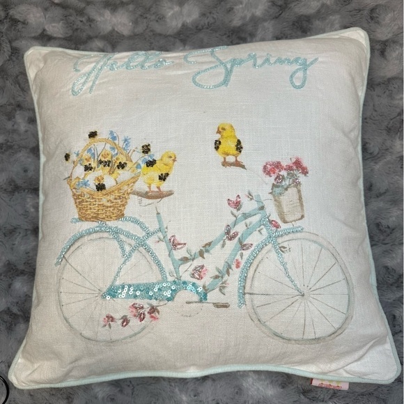 The Carrot Patch Decorative Down Pillow Hello Spring 20" x 20" Bicycle Beading - Picture 1 of 11
